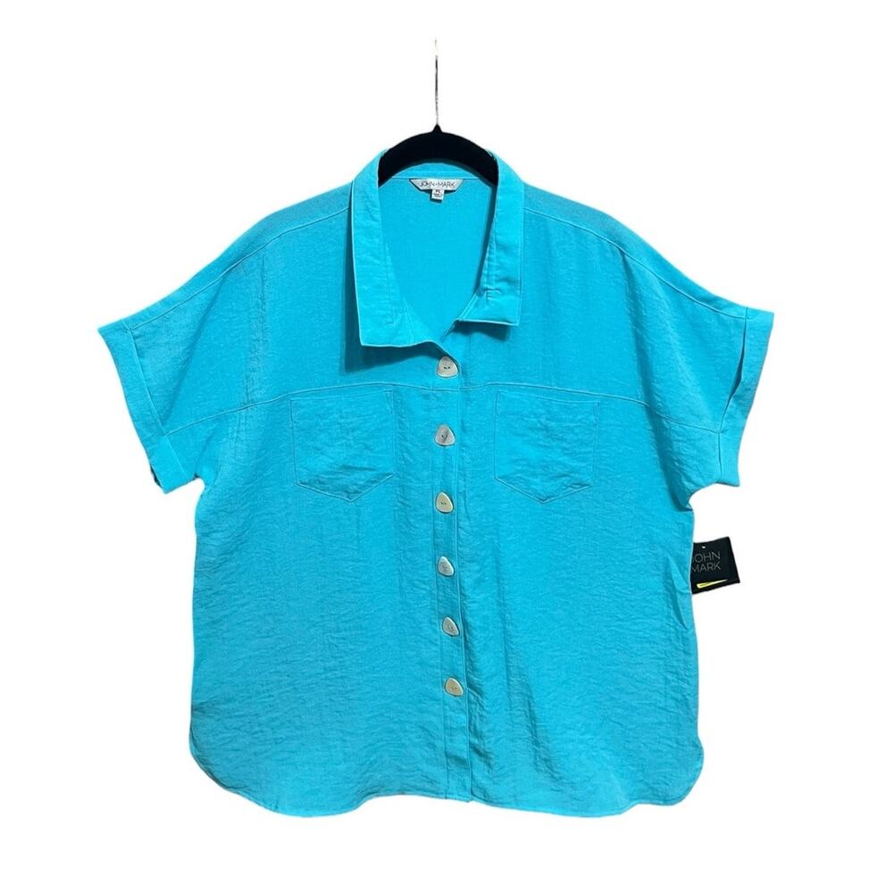NWT Boho Lagenlook John Mark Wire Collar Button Up Short Sleeve Shirt Sz PL